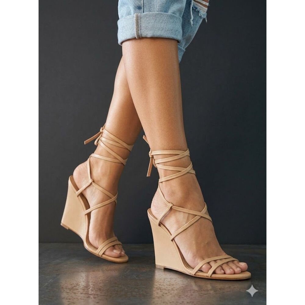 Schutz Wedge Sandals 9 Minimalist Nude Heels Wedding Vacation Sexy Tan Deonne